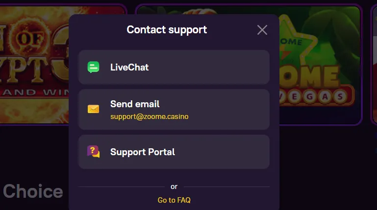 Customer Support at Zoome Casino